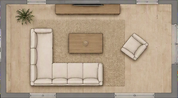 Grundriss mit Möblierungsvorschlag für das Wohnzimmer