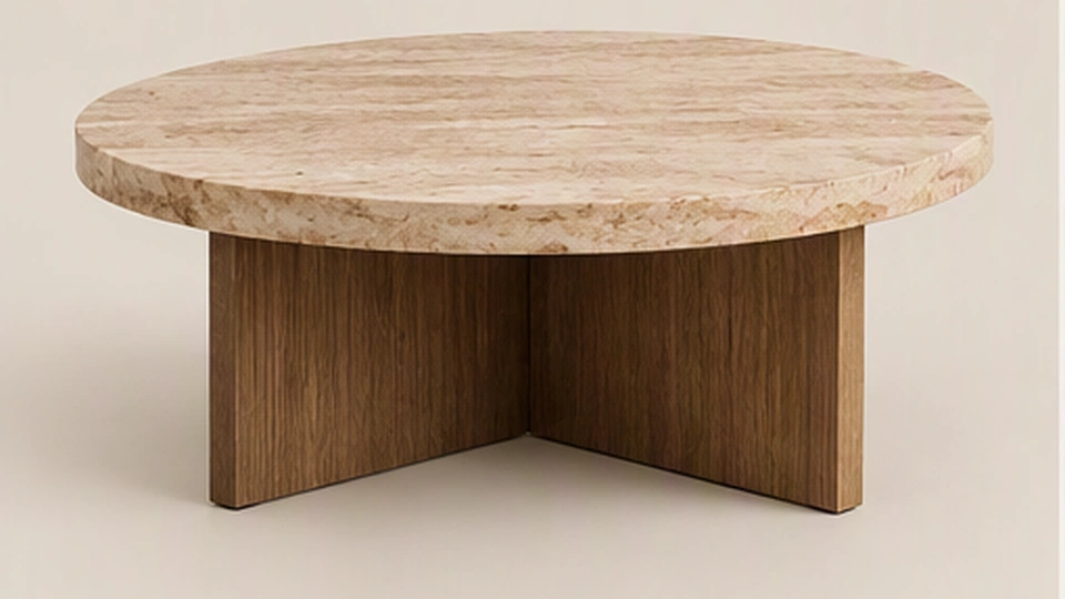 Runder Couchtisch aus hellem Stein und dunklem Holz